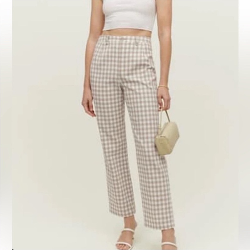 Reformation Franklin Gingham Check Beige White Pants size 12 $179 MSRP NEW